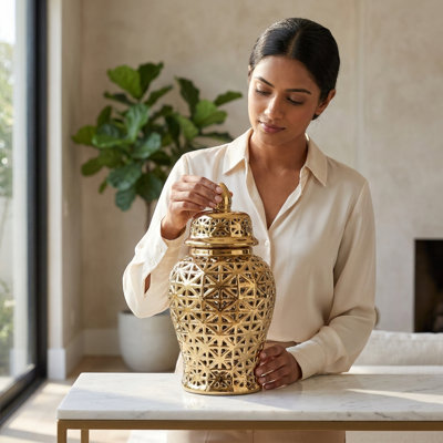 Debraa Handmade Ceramic Cutout Ginger Jar with Lid – Available in White & Gold (2 Sizes)