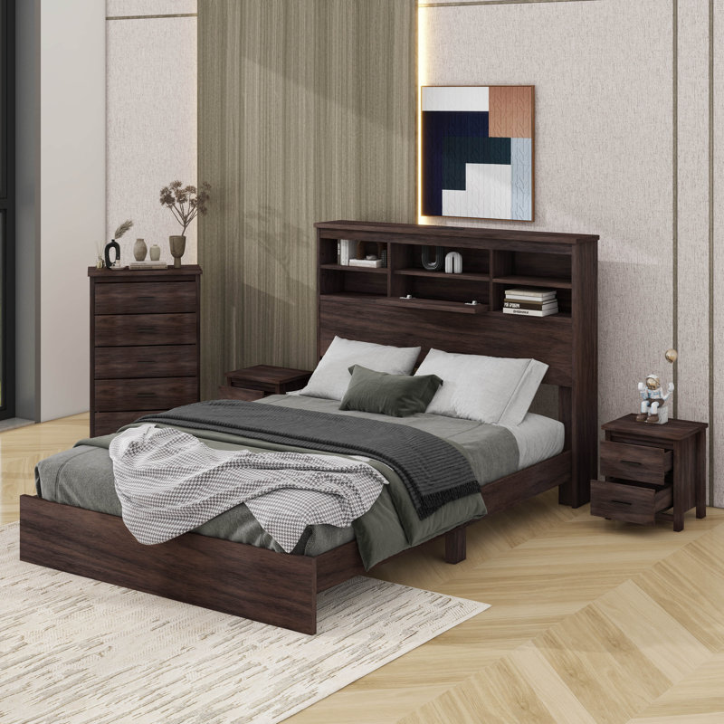 Ensemble de chambre à coucher 4 pièces avec grand lit en bois rétro avec tables de chevet et commode, Noyer foncé