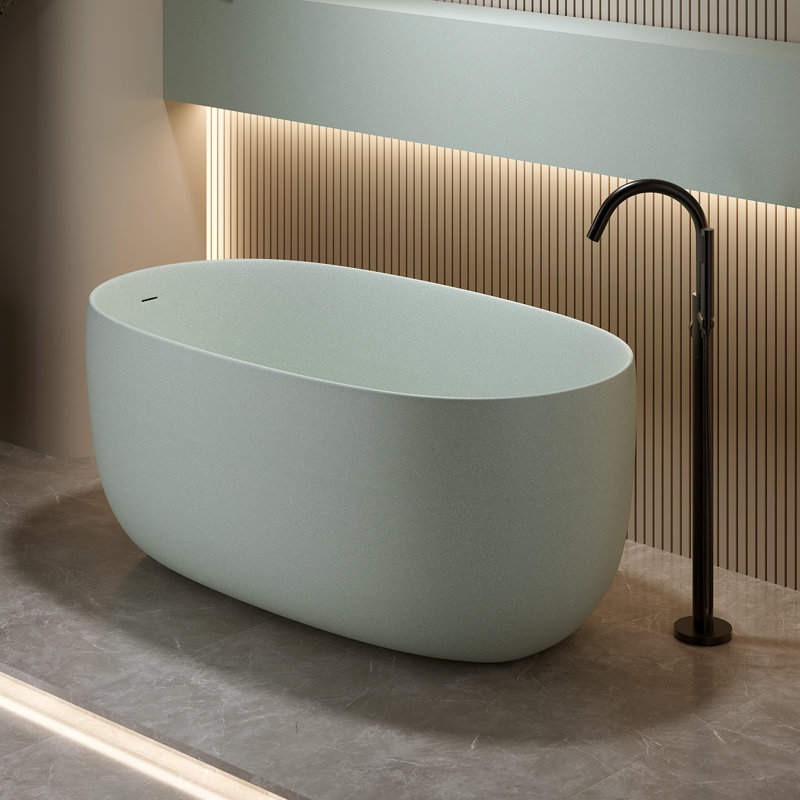 Freestanding Soaking Bathtub 47", Solid Surface Stone Resin, Oval Matte White Modern W/overflow & Pop-up Drain