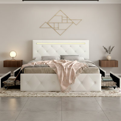 Grand lit tapissier moderne avec tiroirs de rangement et éclairage à DEL