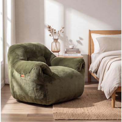 Fauteuil à billes en fausse fourrure avec support pour le dos - Canapé moelleux pour adultes et enfants, vert