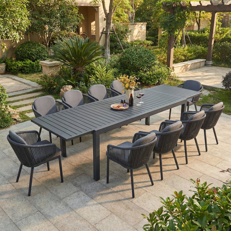 10 - Person Aluminum Patio Dining Set With Extendable Rectangular Table , Cushions Included