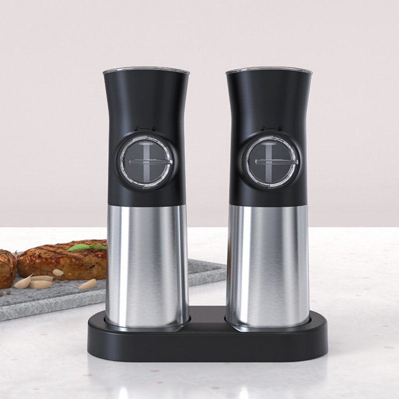 Ensemble automatique de moulins à sel et à poivre avec base rechargeable, moulin rechargeable, grosseur réglable et fonctionnement à une main, paquet de 2