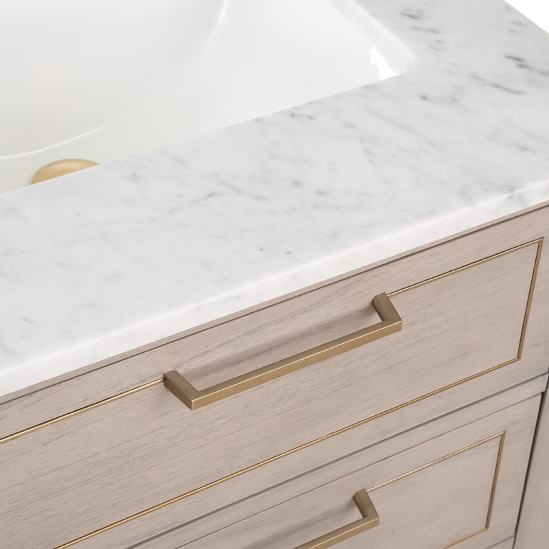 Markham 36'' W Single Vanity, Satin Brass, Cashmere Gray, Carrara Marble