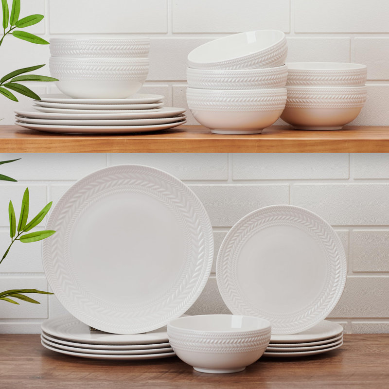 Josephine White Porcelain Embossed 24-Piece Dinnerware Set