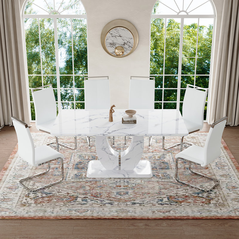 Ensemble de table de salle à manger, Blanc / argent, Marbre blanc, 7 pièces