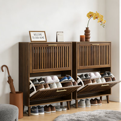 set of 2 Shoe Cabinet with 2 Flip-Drawers, 31" Narrow Entryway Storage Organizer – Solid Wood Legs, Adjustable Compartments, fits Farmhouse, Medieval Modern, Contemporary Home Decor