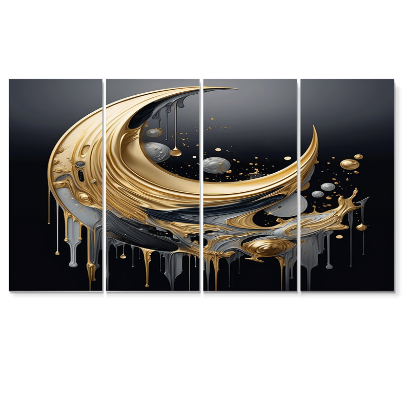 New Moon Rising Gold Black - Art mural géométrique pour le salon, 4 pièces, H 32 po x l 64 po