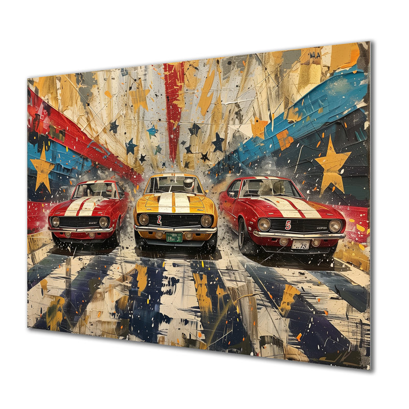 Drapeau américain de couleur rétro Muscle Race II - Piste de course murale, Métal métal, H 16 po x l 32 po x P 1 po