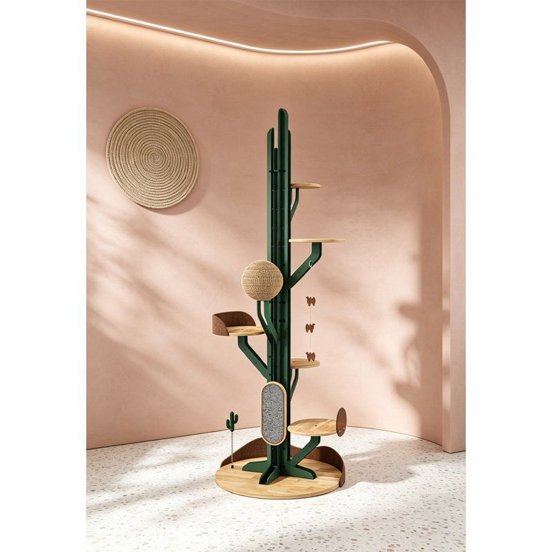 Arbre à chat en bois en forme de cactus, centre d'activités à plusieurs niveaux avec poteau à griffer et jouets