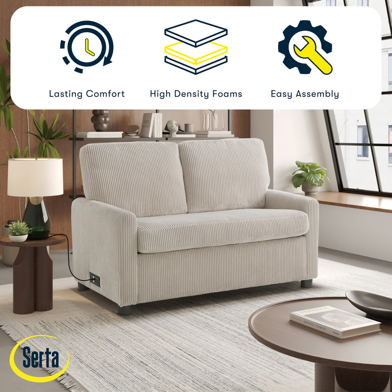 Serta Damon 53.5" Convertible Loveseat with Pull Out Twin Size Sleeper, Integrated Power Strip, Plush Corduroy Fabric, Beige