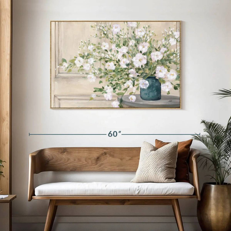 Bouquet blanc, Cadre flottant en bois naturel, 46 po x 31 po