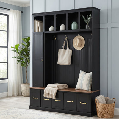 59.1" W Hall Tree with Storage Bench, 5 Drawers and Side Cabinets, Vertical Slat Design with Gold-Tone Hardware, Modern, for Entryway and Mudroom