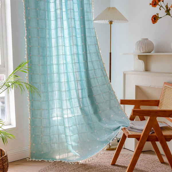 Dakota Fields Boho Curtains for Bedroom, Cotton Linen Plaids Turquoise ...