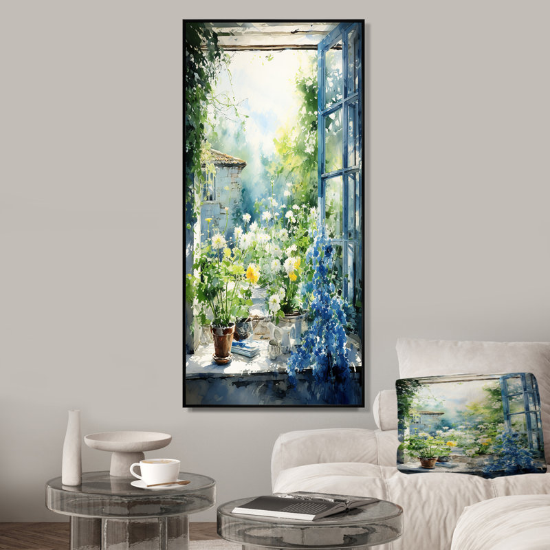 Vert et bleu campagne fenêtre charme II - ferme fenêtres, art mural sur toile, Cadre flottant noir, 60" H x 28" W