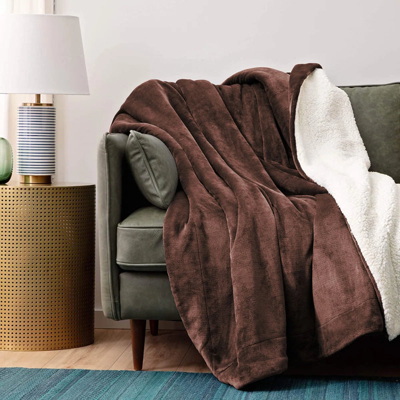 Super Soft Sherpa Fleece Fur Thick Dual Sided Flannel Reversible Blanket Throw, King 200cm x 240cm, Coffee