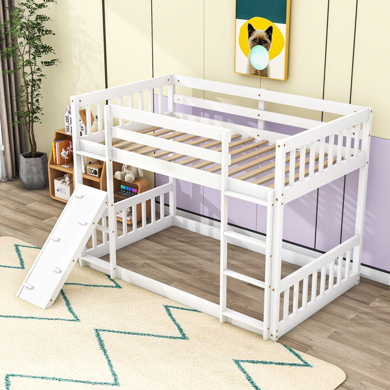 Twin Over Twin Bunk Bed With Creative Climbing Ramp And Ladder, White