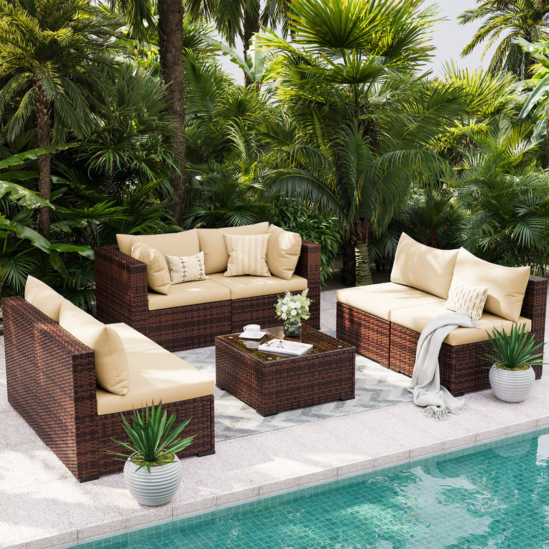 Bhairavi 6 - Person Modular Patio Conversation Set with Cushions, Khaki