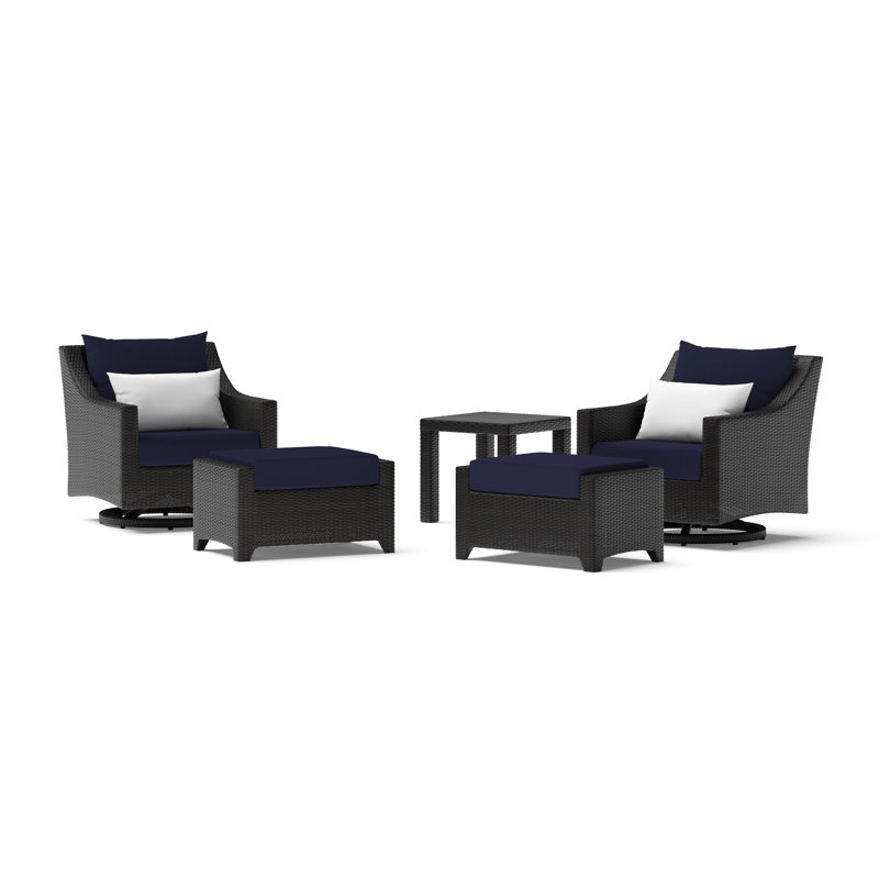Mifflin 5 Piece Rattan Sunbrella 2 Person Seating Group with Cushions, Navy Blue Sunbrella