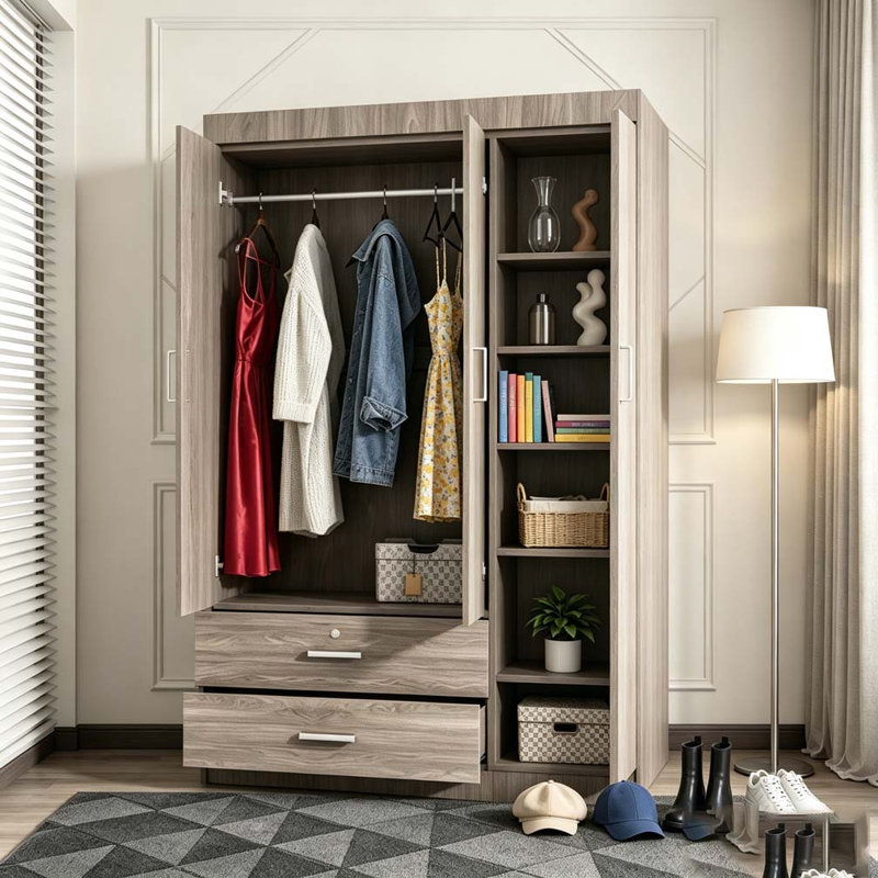 Armoire 3 portes avec 2 tiroirs, Gris