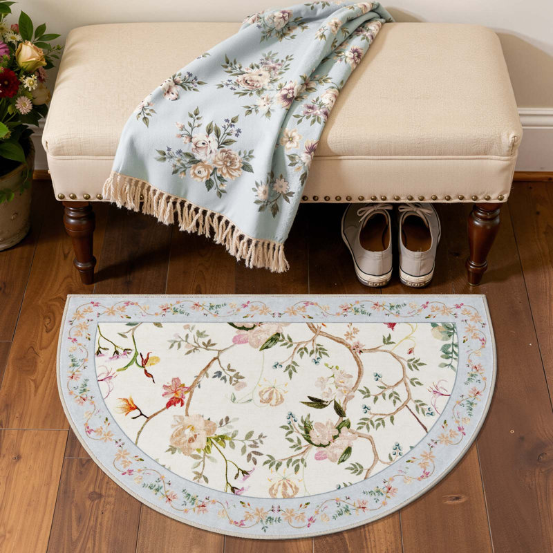 Tapis floral chinois rétro antidérapant, Beige/bleu, Half-circle 1'11" x 3'