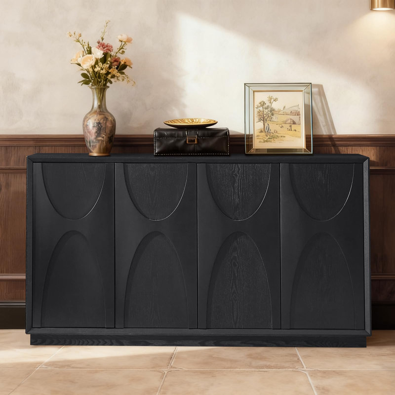 59.69" Modern Sideboard – 2-Inch Classic arched solid wood doors with a retro feel, Black, No