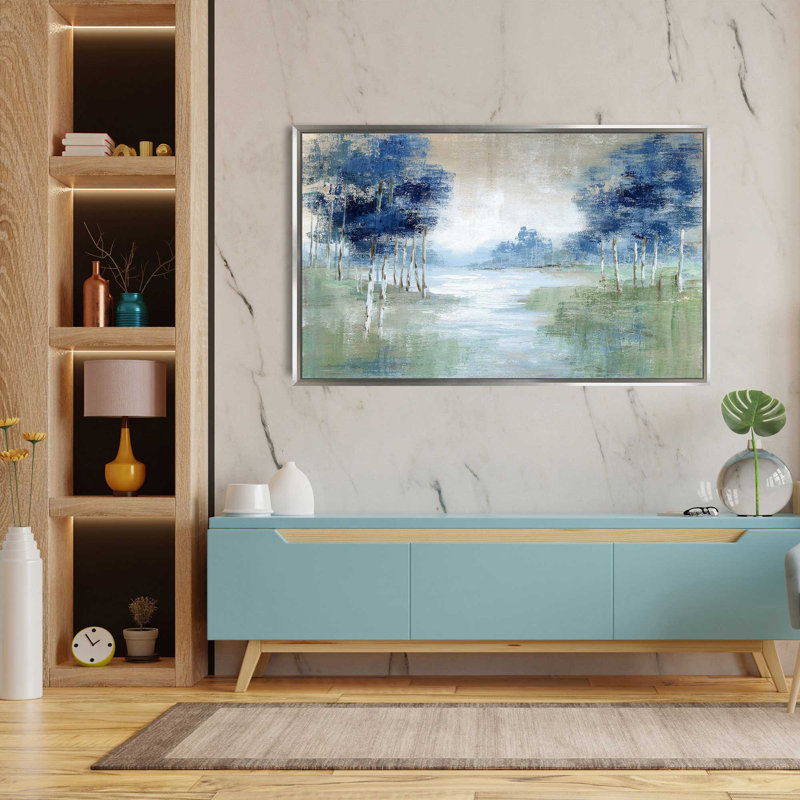Birch River par Nan - Peinture, L 51,5 po x H 31,5 po, Encadrement argenté