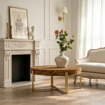 Modern Retro Splicing Round Coffee Table with Gold Cross Legs