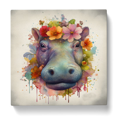 Hippo Floral Art - Wrapped Canvas