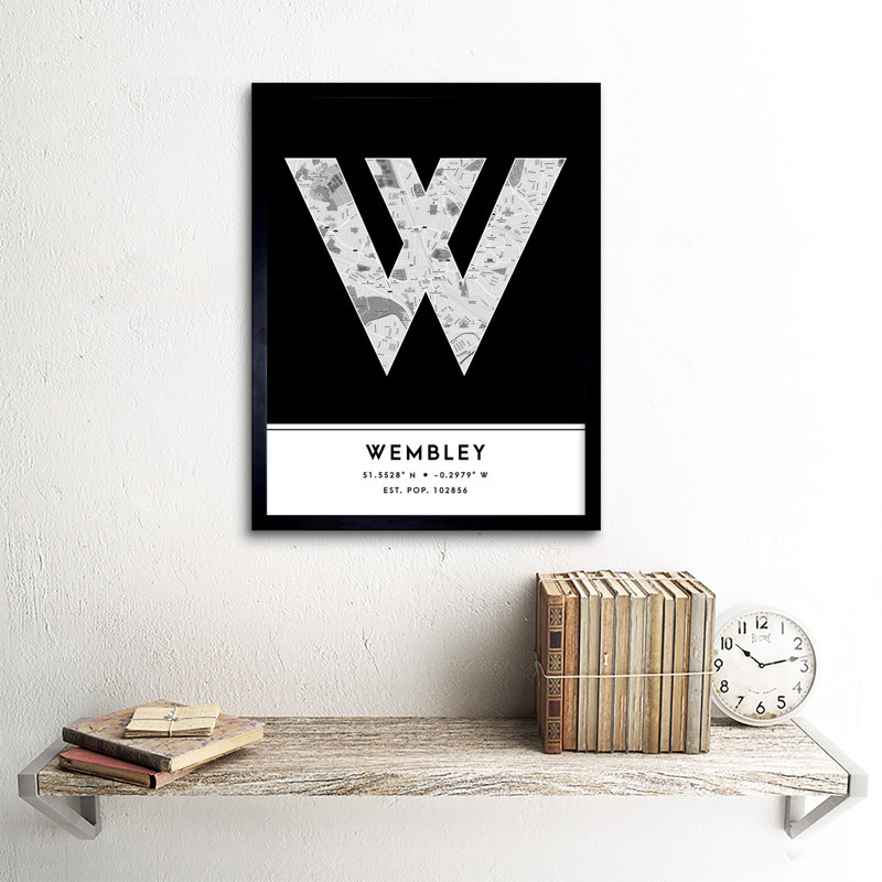 Wembley City Map Wembley Black & White - Single Picture Frame Typography