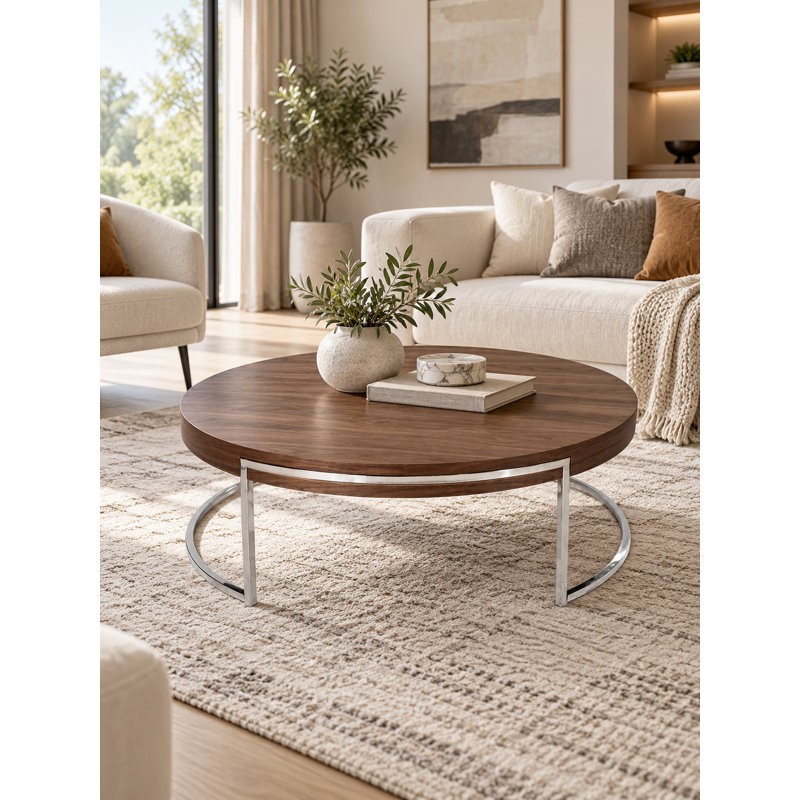 Table basse Chinmayi - Table basse ronde moderne pour le salon, la chambre à coucher ou le bureau - Table basse en bois de noyer brun