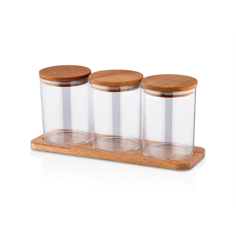 Ensemble de 7 pots en plastique sans BPA avec support en bois, 3 pots (3,9 x 3,9 x 5,5 po, 27,1 oz liq.) + Support (13 x 4,5 x 5,9 po) | Va au lave-vaisselle | Conception transparente | Parfait pour le rangement et l'organisation de la cuisine