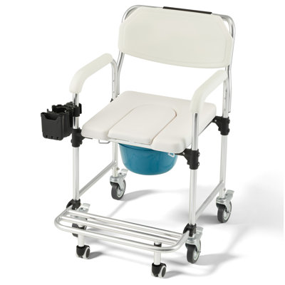 4-in-1 Bedside Commode Shower Wheelchair for Seniors and Disabled - Commode Chair with 4 Lockable Wheels, Detachable Bucket, Padded Seat and Armrests, Flip-Up Footrest, White