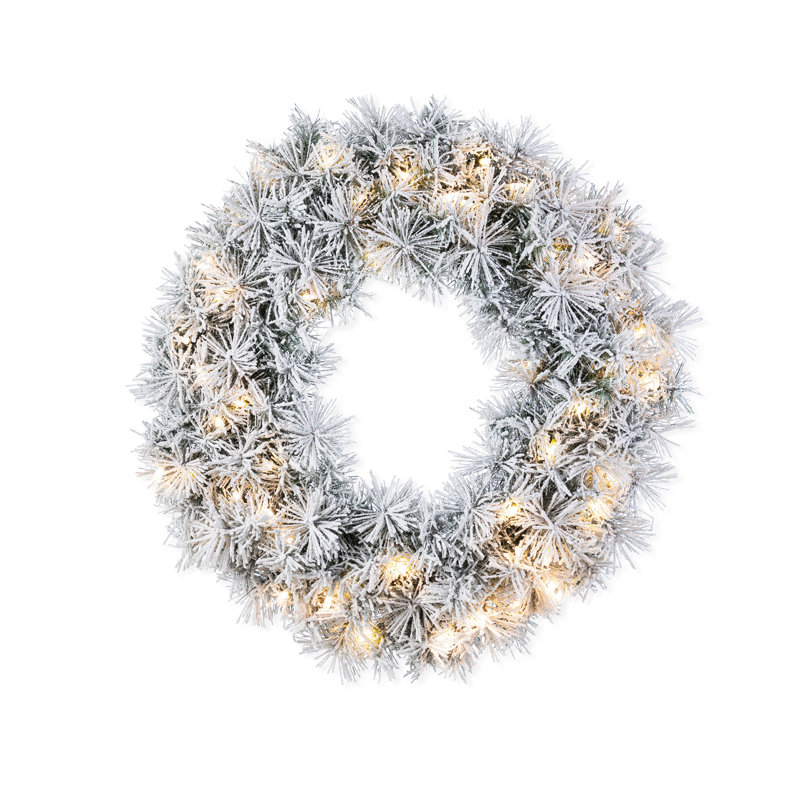 24"D Pre-Lit Snow Flocked Greenery Pine Christmas Wreath With Lights And Timer