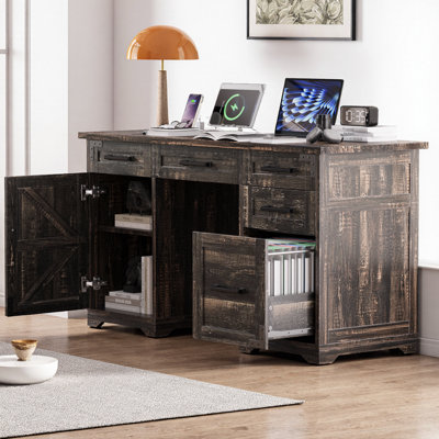 55" Farmhouse Executive Desk with Charging Station & Power Outlet, Home Office Computer Desk with 5 Drawers & File Cabinet, Wood Finish, Adjustable Shelf, Writing Study Table