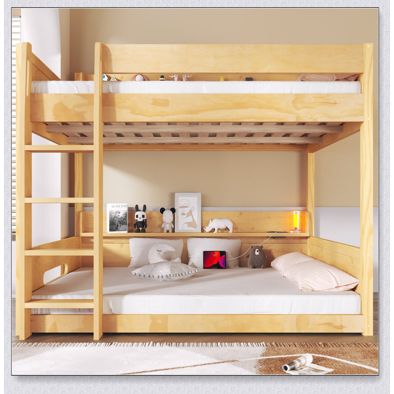 Queen Over Queen Bunk Bed With Storage Shelves And USB Ports, Wood