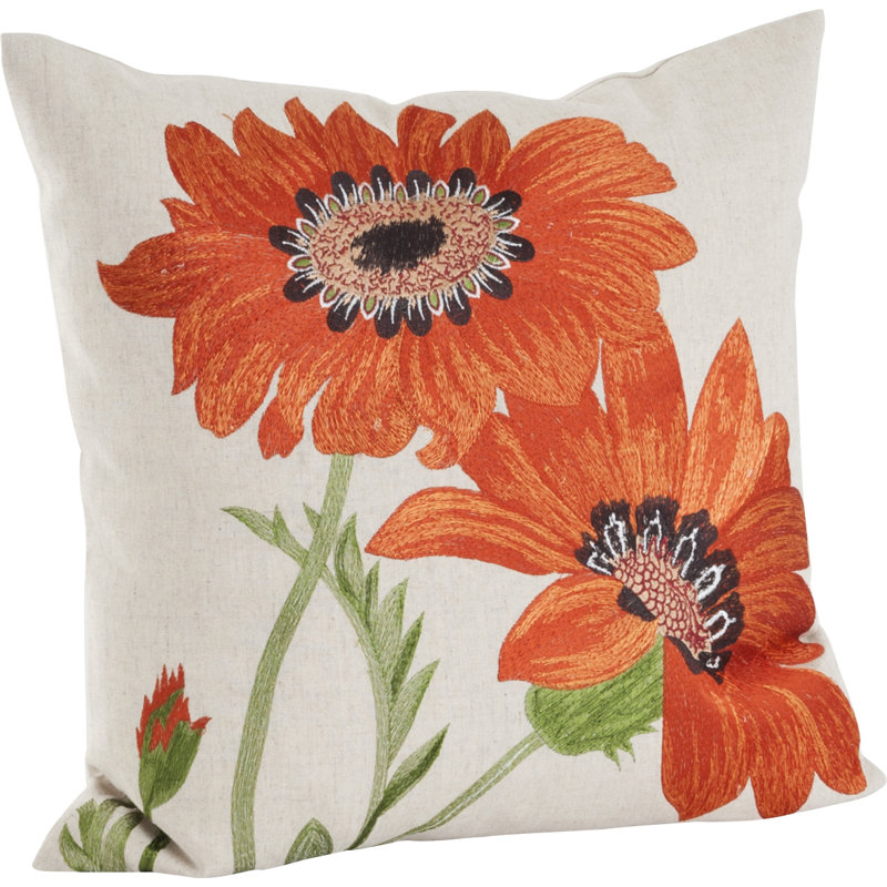 18" Square Orange Cotton Linen Embroidered Flower Throw Pillow