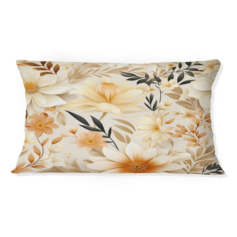 Coussin à imprimé floral beige doux et doux avec fougères brunes
