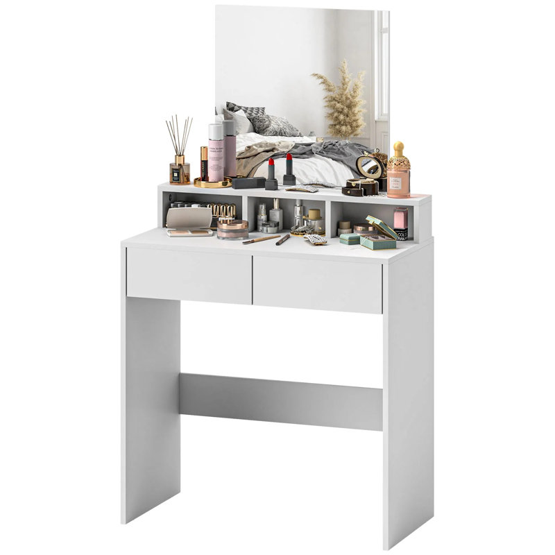 Meuble-lavabo moderne avec grand miroir sans cuivre, 2 tiroirs et 3 compartiments, conception anti-basculement et élégante pour la chambre à coucher