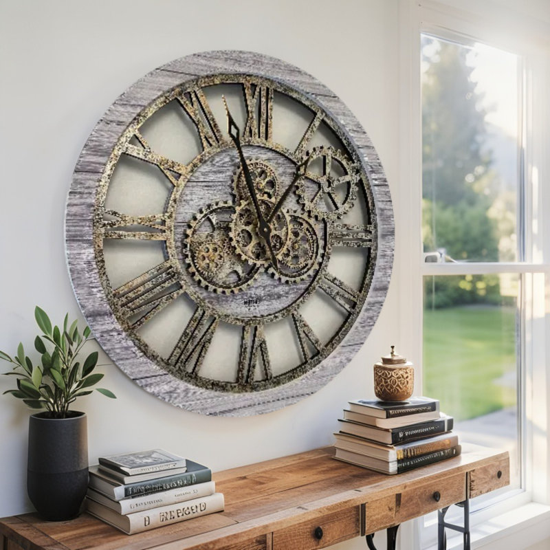 Horloge murale ronde surdimensionnée de 24 po pour le salon avec la collection America, Gris argenté