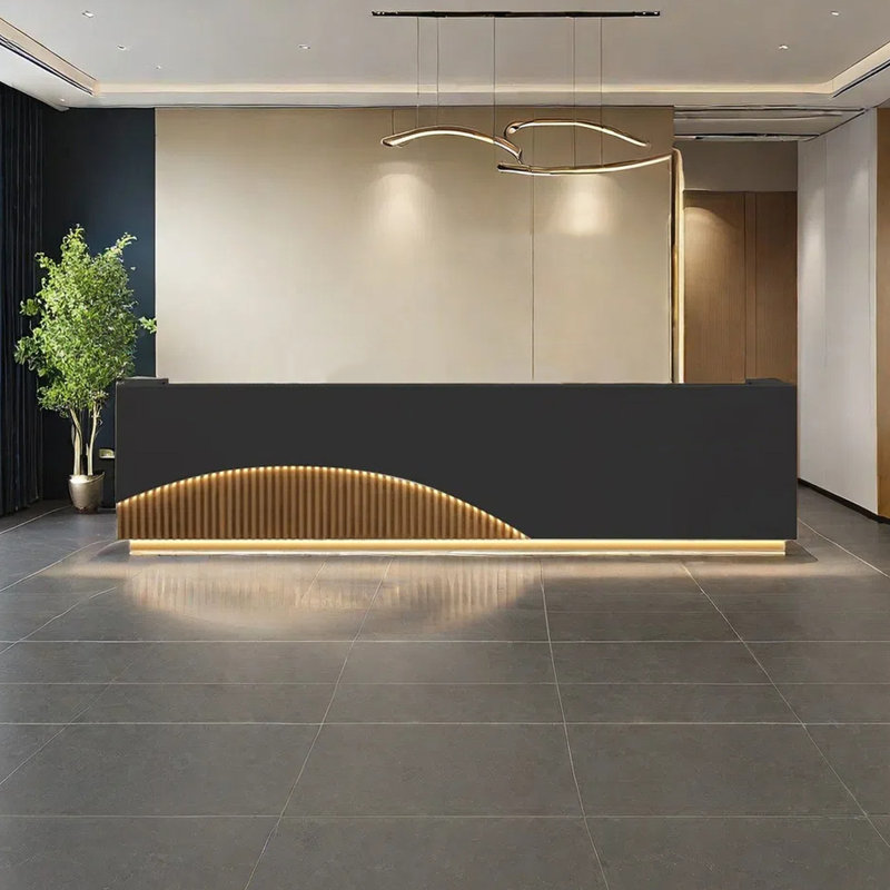 Front Desk Writing Desk with LED Light Effect - Ideal for Salons and Stores, 39.37" H x 94.48" W x 23.62" D, Black