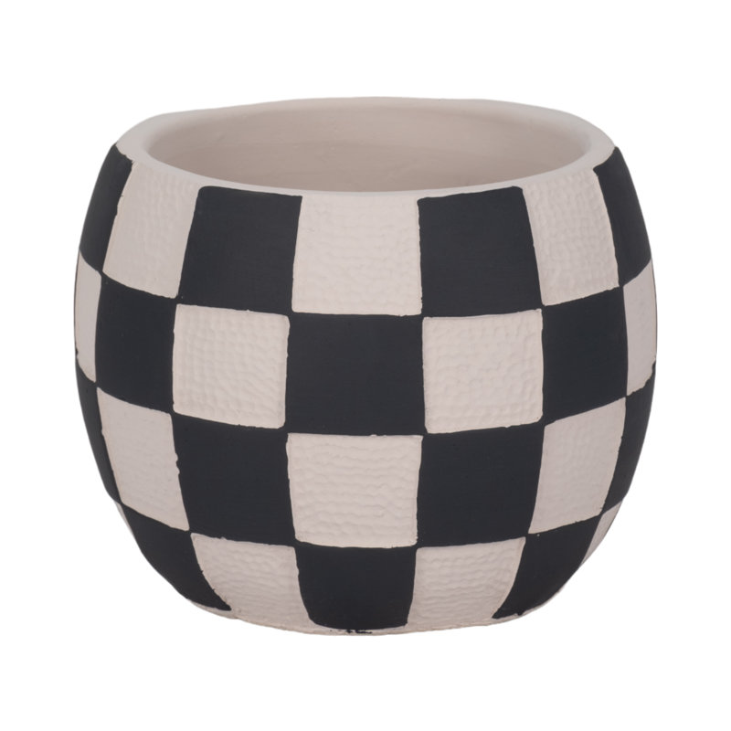 Planter Pottery Cement with Handcrafted Textured Checkered Design and Rounded Silhouette Featuring Durable Construction and Distinctive Visual Pattern for Decorative Display Spaces