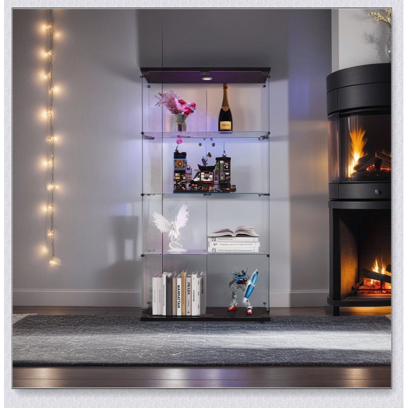 Lighted Two Door Glass Cabinet Glass Display Cabinet with 4 Shelves, Black