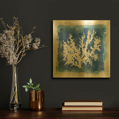 « Coastal Washes Coral II » de Carol Robinson, tableau mural en métal doré, 30,5 x 30,5 cm