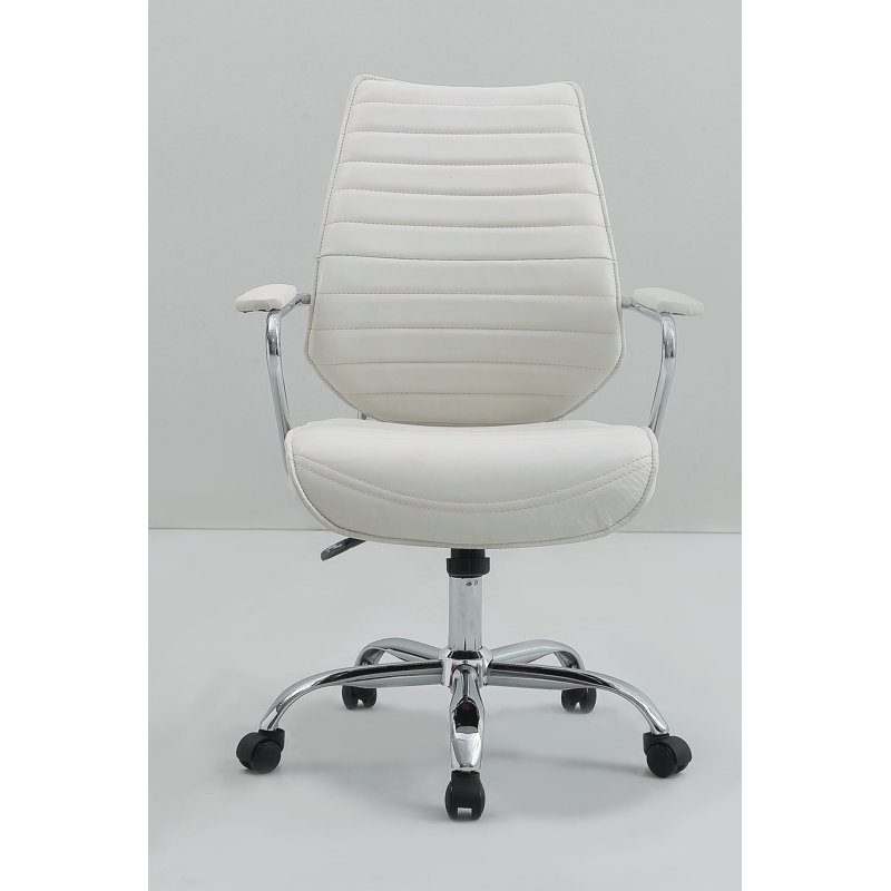 Chaise de travail en cuir véritable Dagenham, Acier inoxydable poli, Ivoire blanc