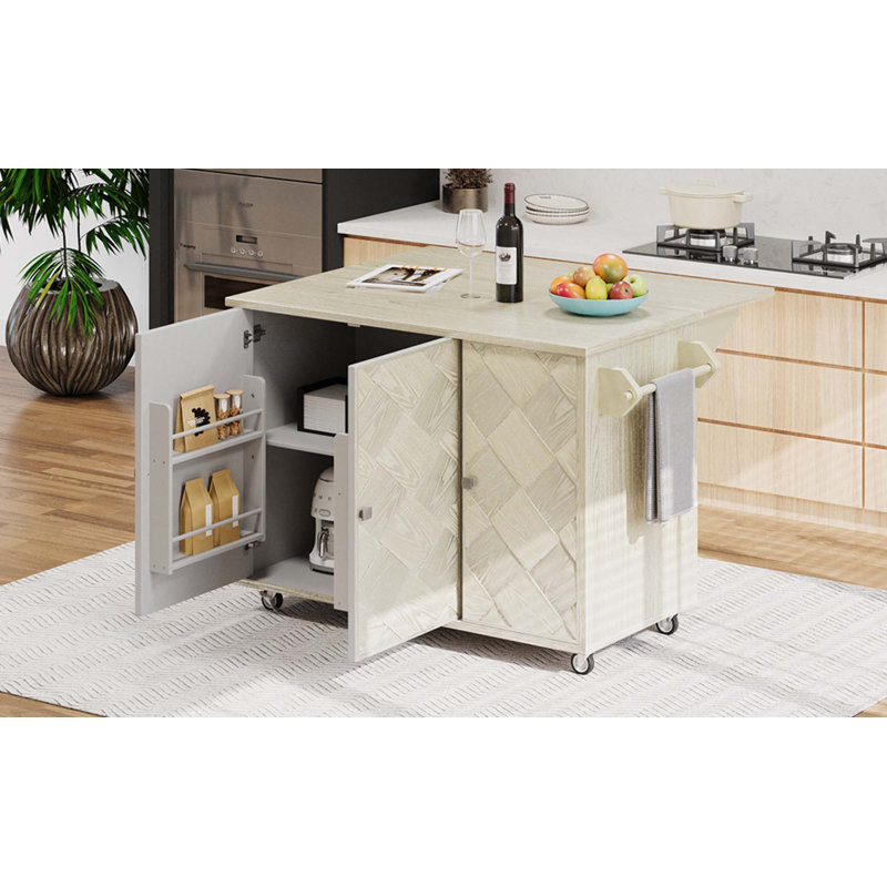 Îlot de cuisine en bois de frêne plaqué de frêne de 51,2 po de largeur avec abattant, îlot de cuisine sur roulettes avec support de rangement interne et chariot de cuisine roulant