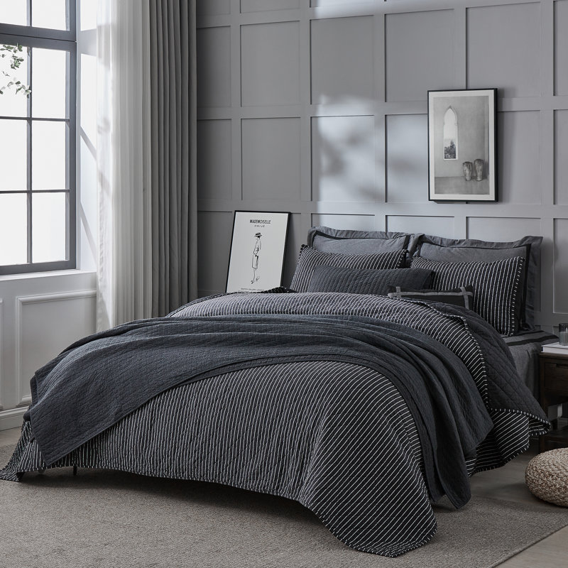 Pinstripe Black Cotton Reversible Full Quilt Set