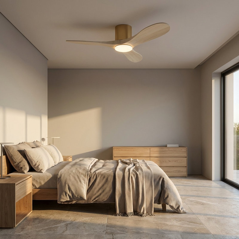 Maverick Smart Hugger LED Ceiling Fan, Washed White Oak, 44" Wide, Burnished Brass