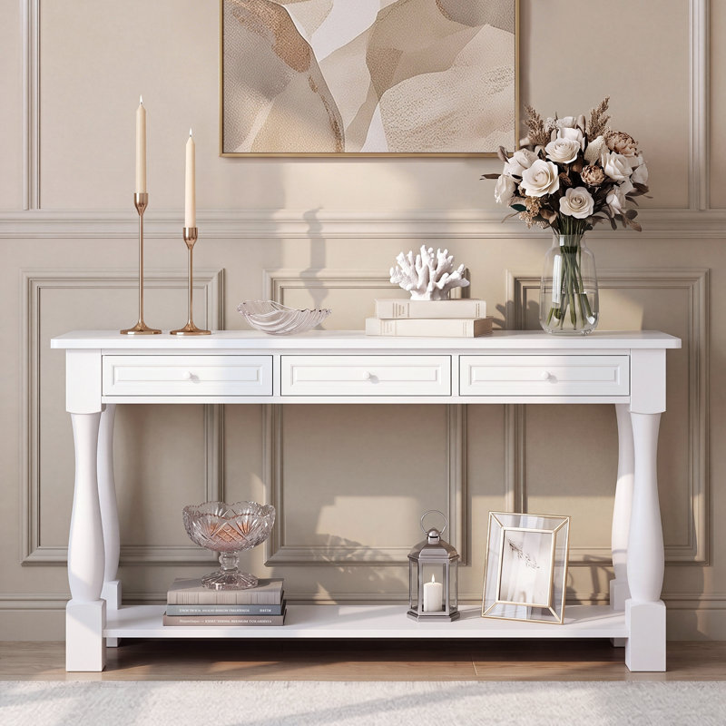 64.17in Vintage White Extended 2-Layer Hall Table with Three Drawers and Curved Legs, White