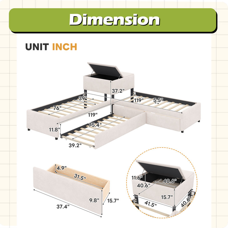 Lit plateforme tapissier en L avec lit gigogne et deux tiroirs reliés par un bureau intégré, lit simple, Beige